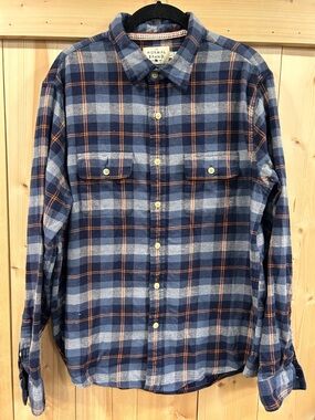 The Normal Brand Men's Plaid Flannel Shirt | Navy Gray Orange Gorpcore Comfy